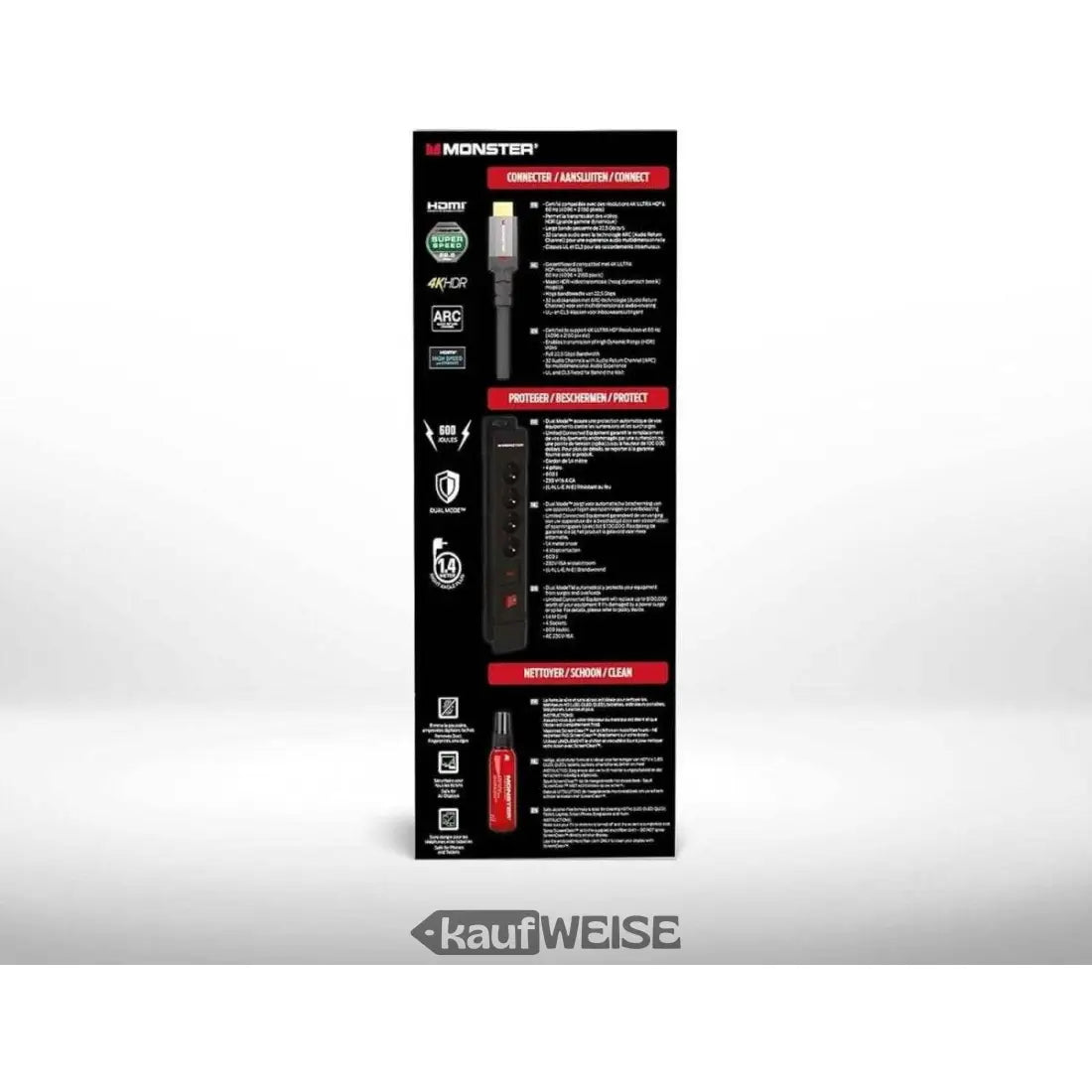 Monster HDMI-Bundle 4K Verpackung mit Überspannungsschutz und ScreenClean