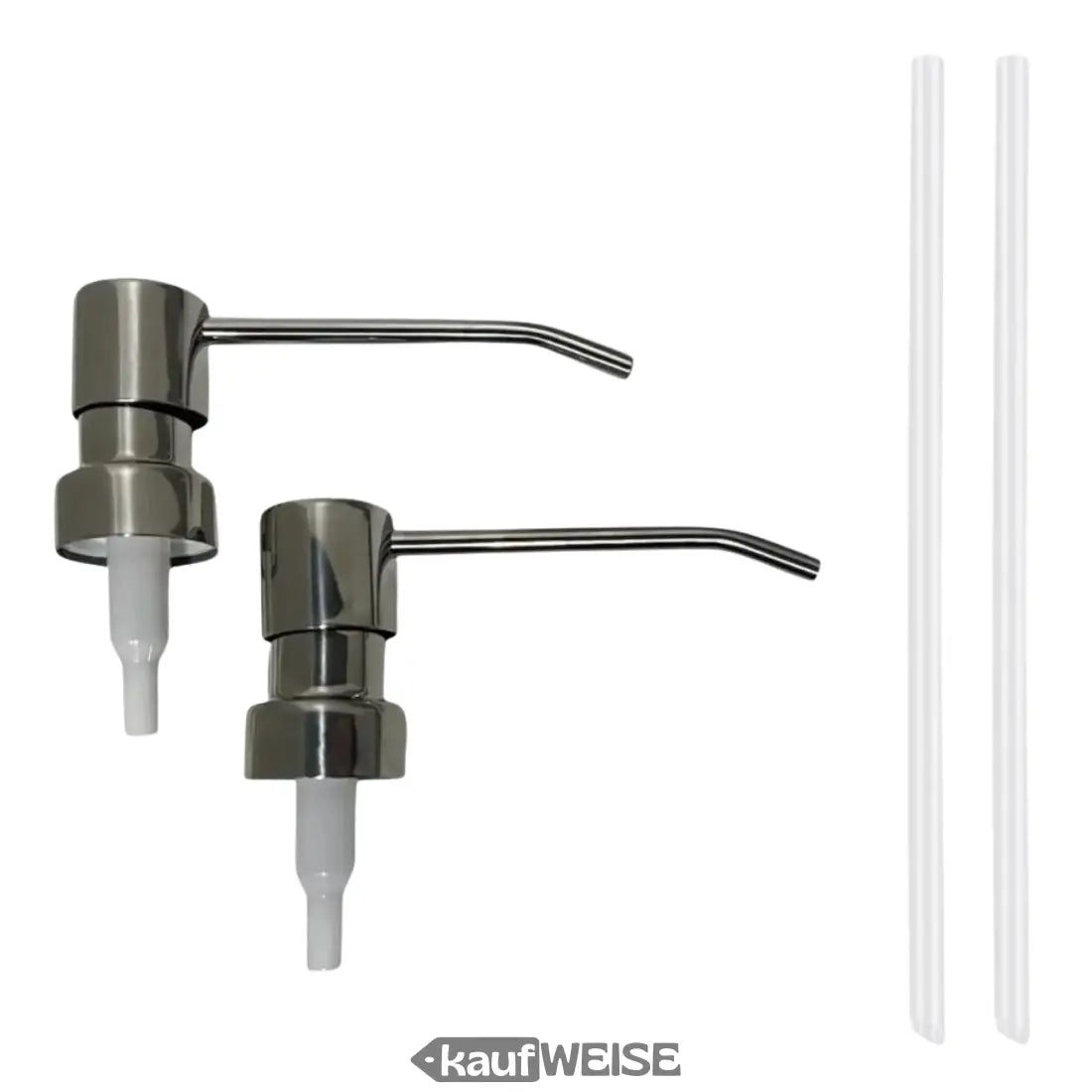 Edelstahl Seifenpumpe Set LANG mit gebogenen Düsen und klaren Schläuchen