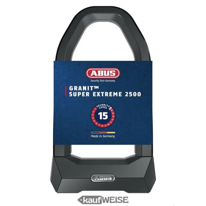 Schwarzes U-Lock mit blauer Marke ABUS GRANIT SUPER EXTREME 2500, Sicherheitslevel 15