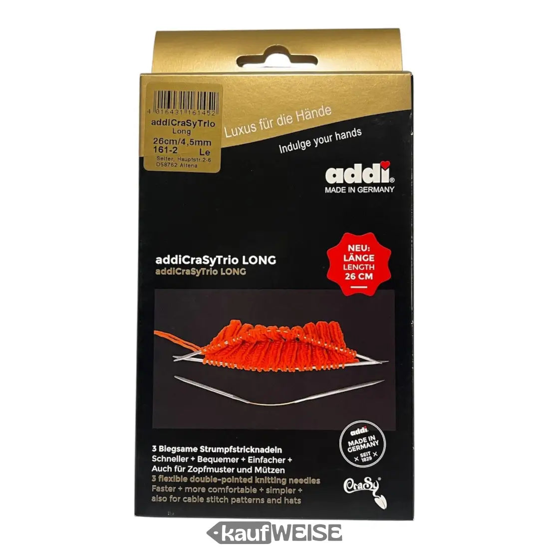 Verpackung des Addi CraSy Trio langen 3er Sets für flexible Sockenstricknadeln