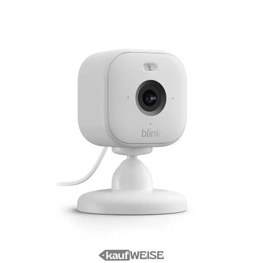Weiße Blink Mini 2 Innen-Sicherheitskamera mit HD-Nachtsicht, modernem Design