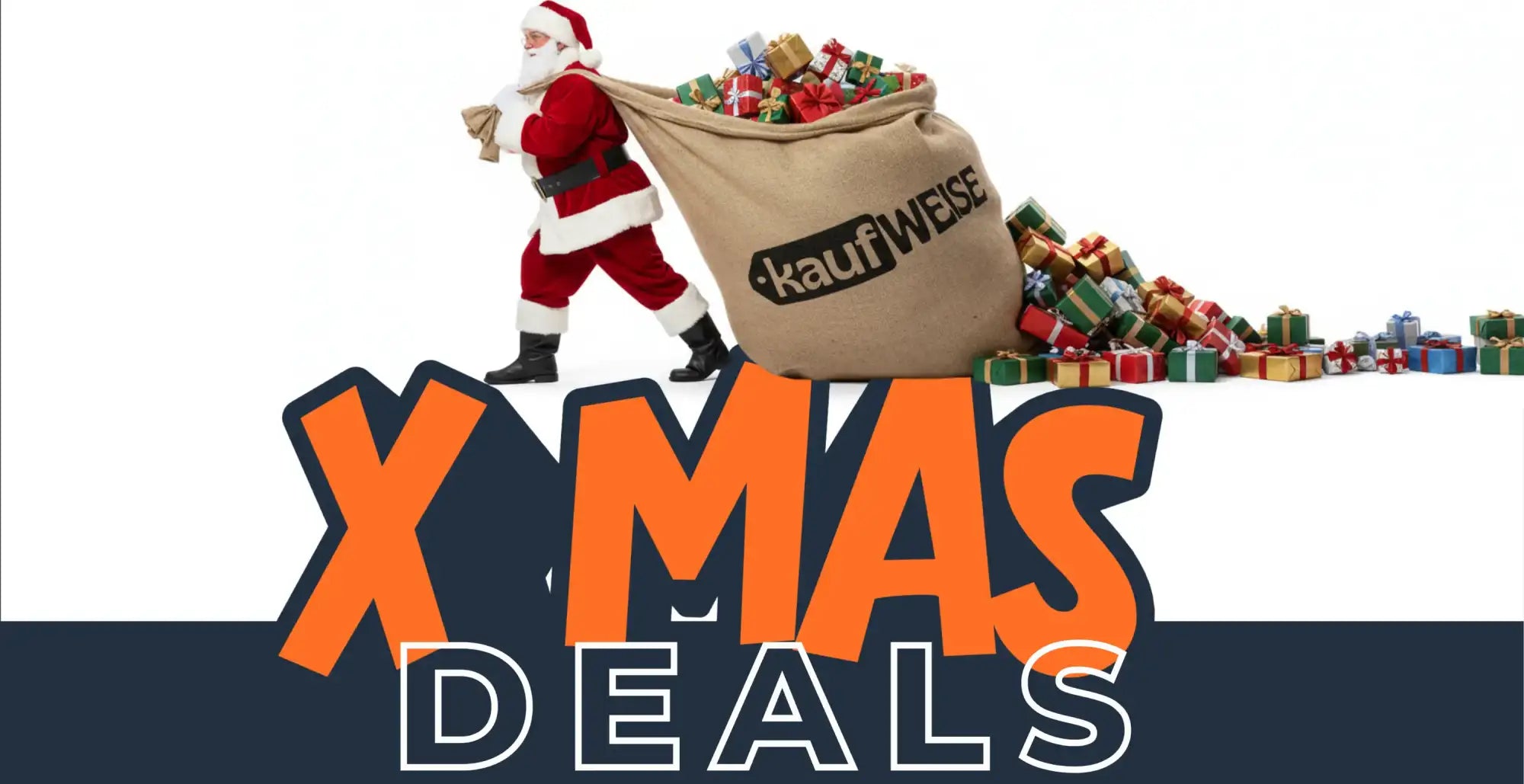 Brauner Sack gefüllt mit bunt eingewickelten Geschenken, Logo der beliebten Marke ‚kaufwesse‘ darauf.