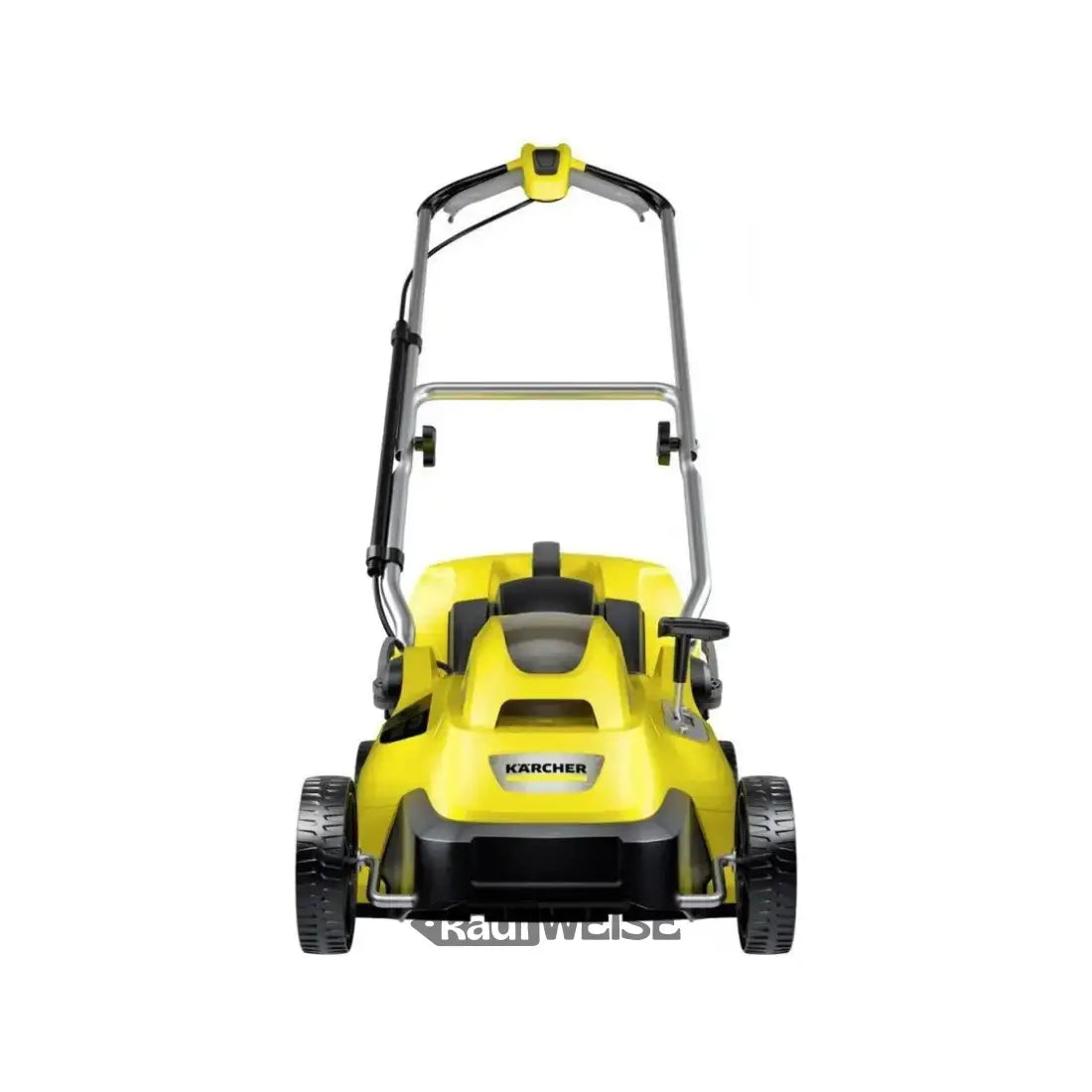 Heller gelber Kärcher Akku-Rasenmäher mit klappbarem Griff und 18V Akku