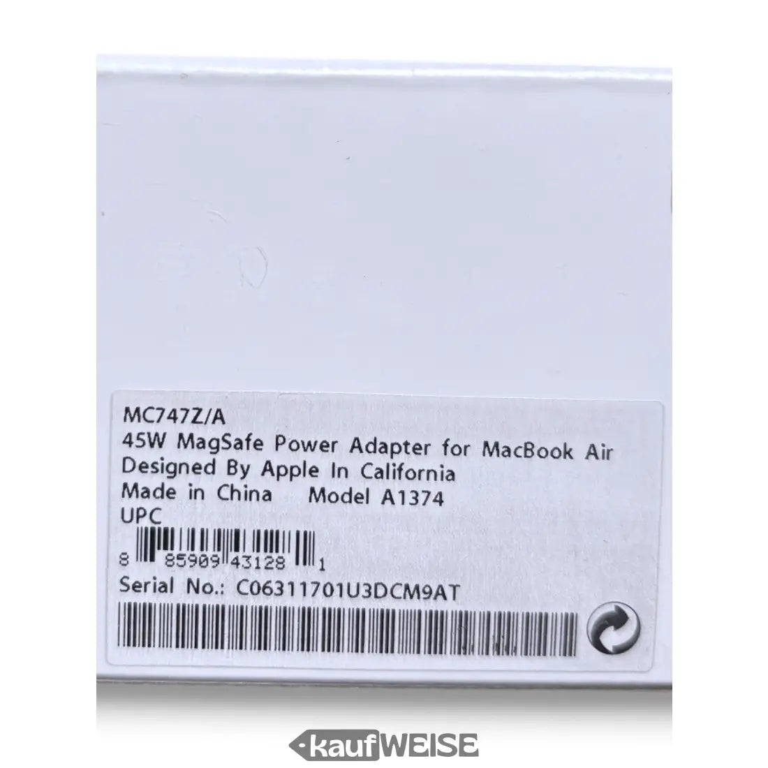 Etikett für 45W MagSafe Power Adapter für MacBook Air Original Apple MC747Z/A