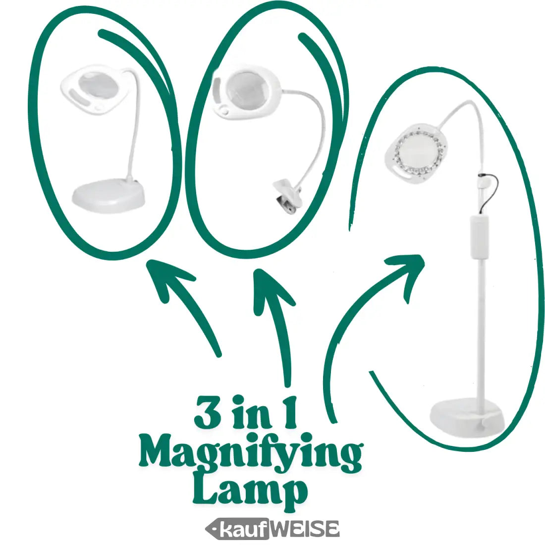 Drei-in-eins LED Lupenleuchte für Tisch, Stand und Klemme mit Batterie und Tageslicht