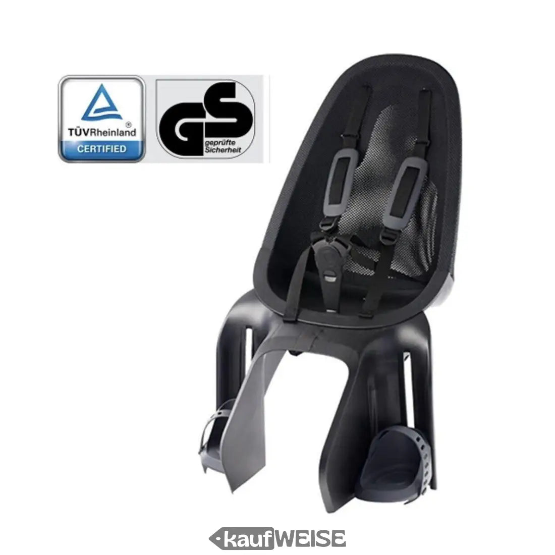 Schwarzer Fahrradsitz für Kinder mit Gurt und Fußstützen, passend für Qibbel Air Maxi