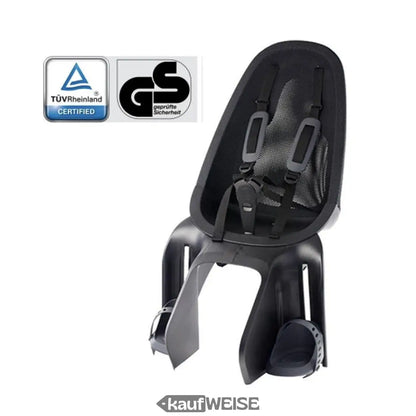Schwarzer Fahrradsitz für Kinder mit Gurt und Fußstützen, passend für Qibbel Air Maxi