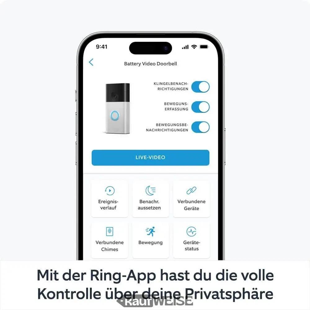 Weiße und schwarze Akku-Videotürklingel von Ring mit schlankem Design und anpassbaren Datenschutzeinstellungen in der Ring App