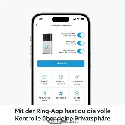 Weiße und schwarze Akku-Videotürklingel von Ring mit schlankem Design und anpassbaren Datenschutzeinstellungen in der Ring App