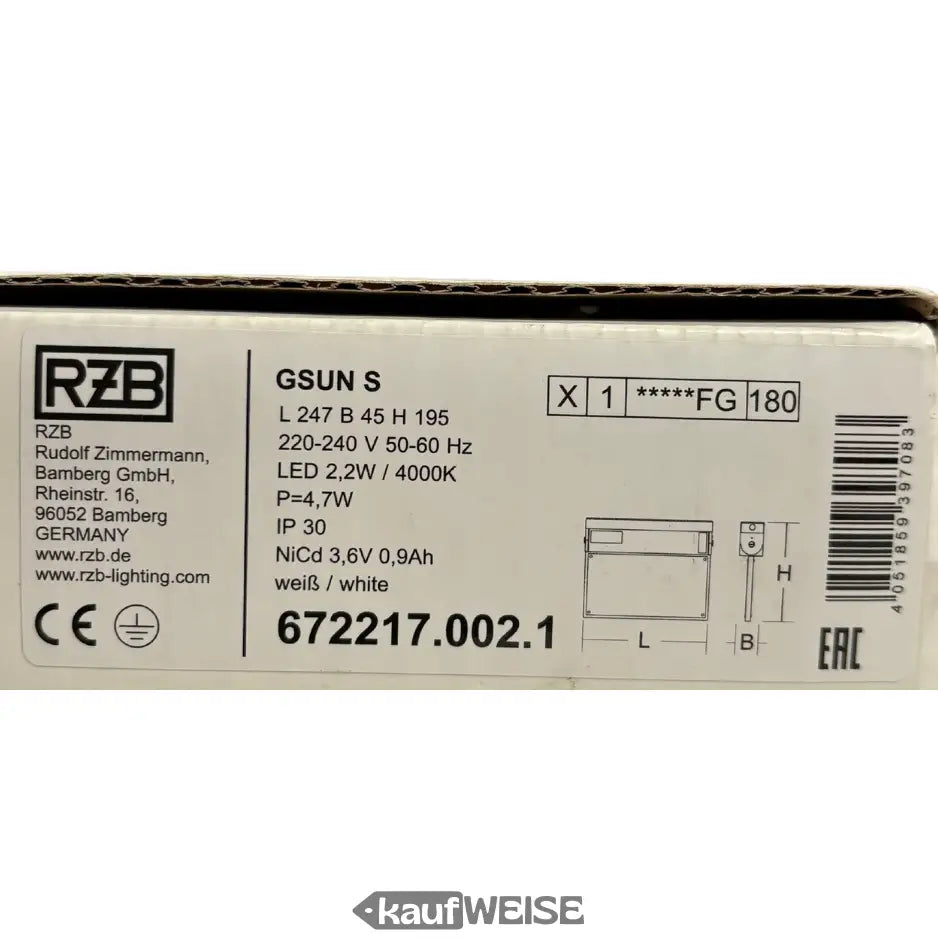 Weiße LED Notleuchte mit Selbsttest, Piktogrammen, RZB GSUN-S Modell