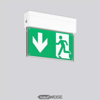 Grünes Notleuchte mit Selbsttest und Piktogrammen für Fluchtwege an Wand