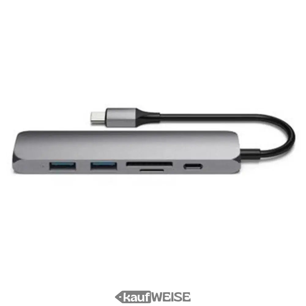 Silberner USB-C Hub mit mehreren Ports und schwarzem Kabel für Satechi V2 Adapter
