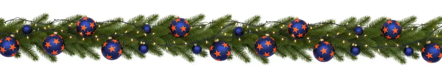 Weihnachtsgirlande mit blauen und roten Verzierungen, grünem Laub.