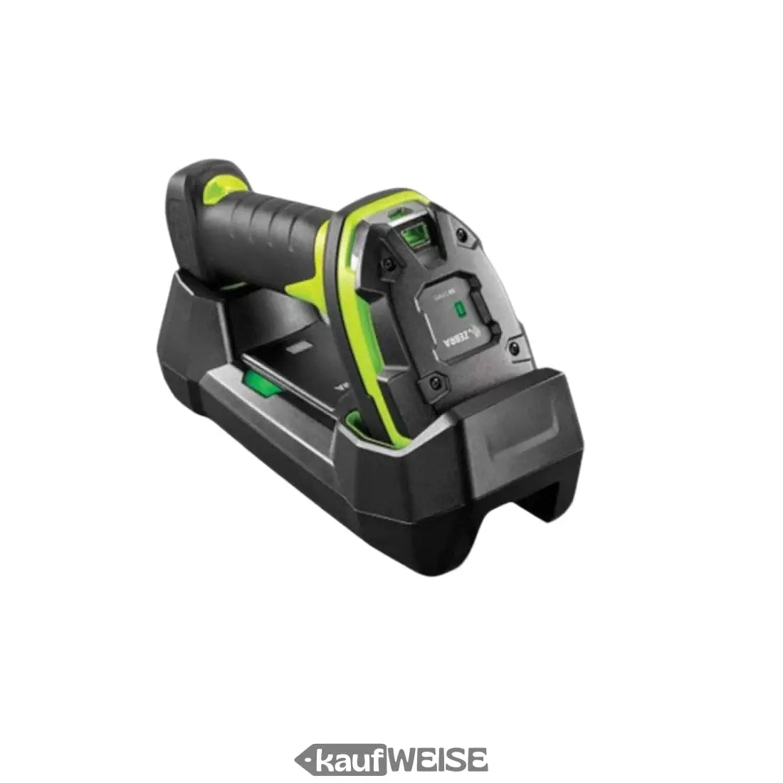 Schwarzer und grüner Zebra DS3678 Bluetooth Scanner auf Ladestation für Lager und Produktion