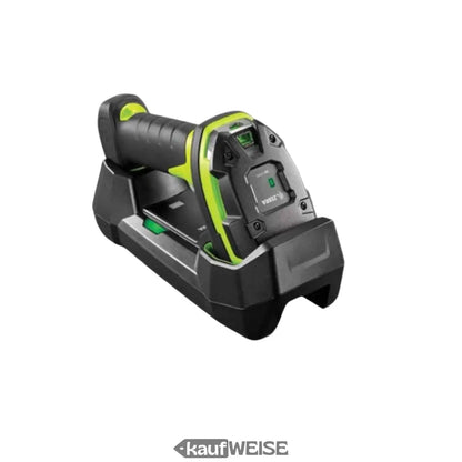 Schwarzer und grüner Zebra DS3678 Bluetooth Scanner auf Ladestation für Lager und Produktion